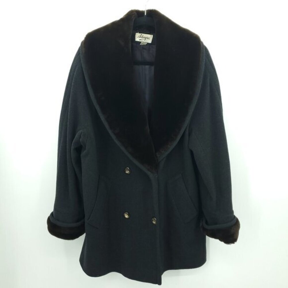 Vintage Wool/Cashmere Blend Faux Fur Collar Double Breasted Coat 10 Black